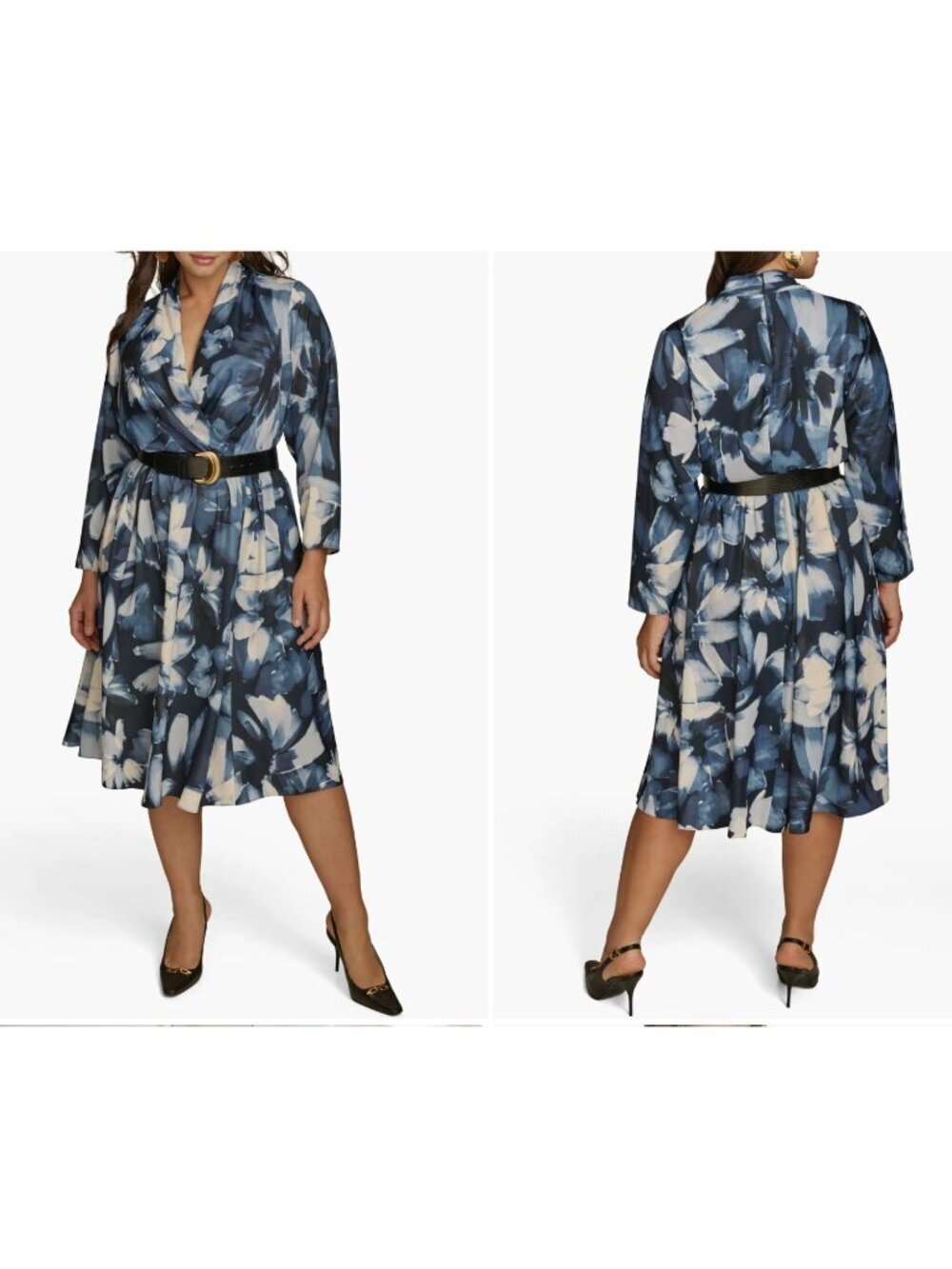 Donna karan abstract floral belted midi dress